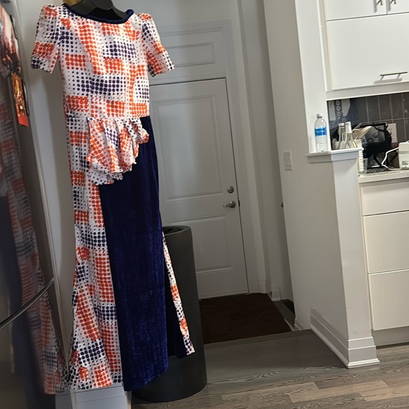 Vintage blue velvet pattern Maxi party dress Sz XL - Picture 3 of 15